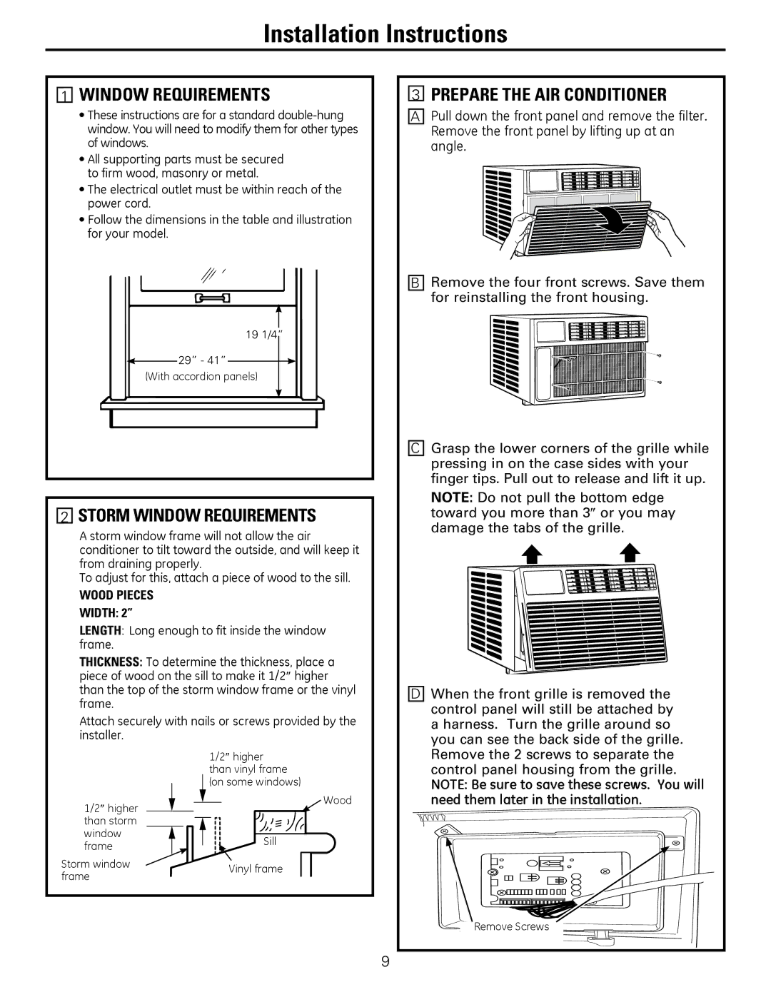 GE AEM2, AEQ2 Storm Window Requirements, Prepare The Air Conditioner, Remove the 2 screws to separate 